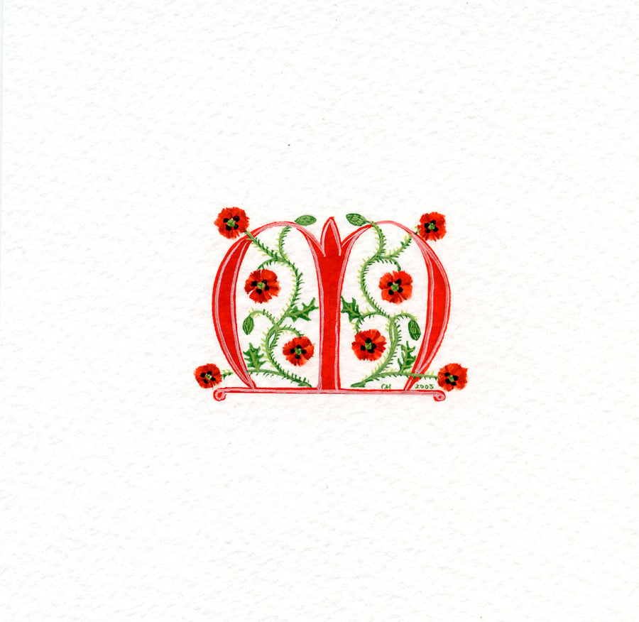 Initial letter 'M' handpainted in red with poppies.