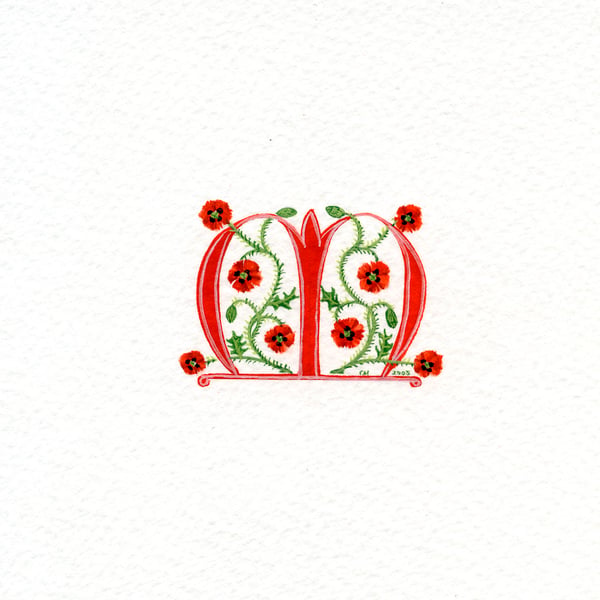 Initial letter 'M' handpainted in red with poppies.
