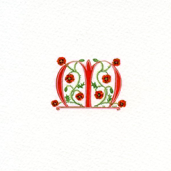 Initial letter 'M' handpainted in red with poppies.