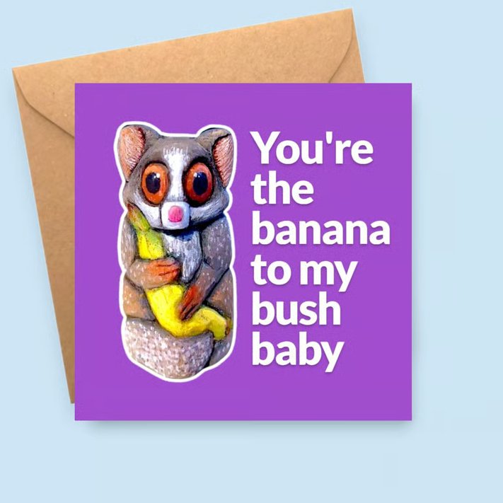 Bush Baby Love Card - Galago With Banana Partner Card For Valentines Anniversary