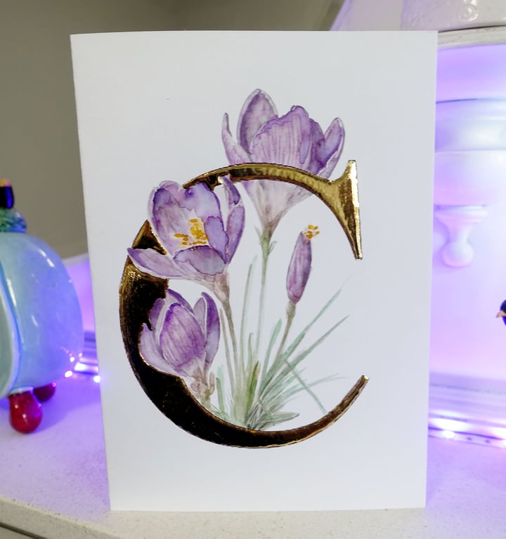Crocus Watercolour with 24 Carat Gold Leaf letter C.  Blank card  any occasion