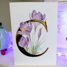 Crocus Watercolour with 24 Carat Gold Leaf letter C.  Blank card  any occasion