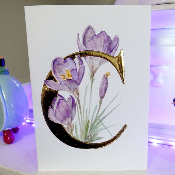 Crocus Watercolour with 24 Carat Gold Leaf letter C.  Blank card  any occasion