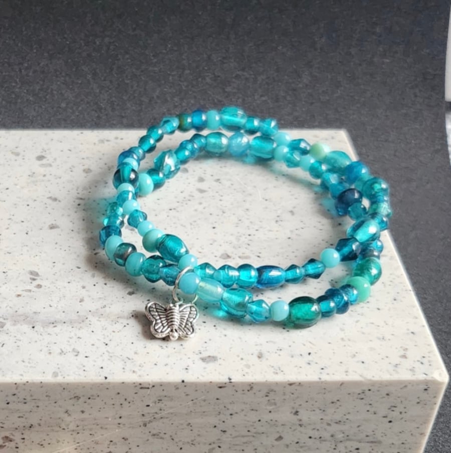 Teal Stacking Bracelet with a Butterfly Charm 