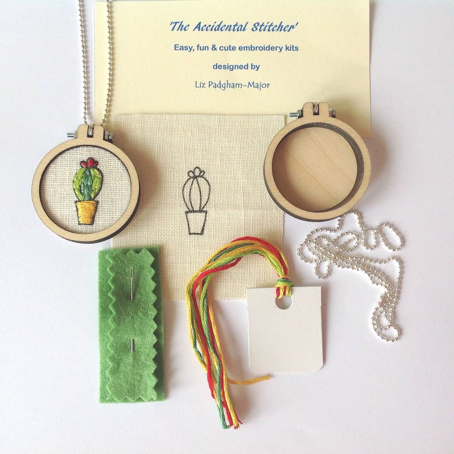 Cactus KIT, Necklace Pendant Kit, Cactus Embroidery Kit.