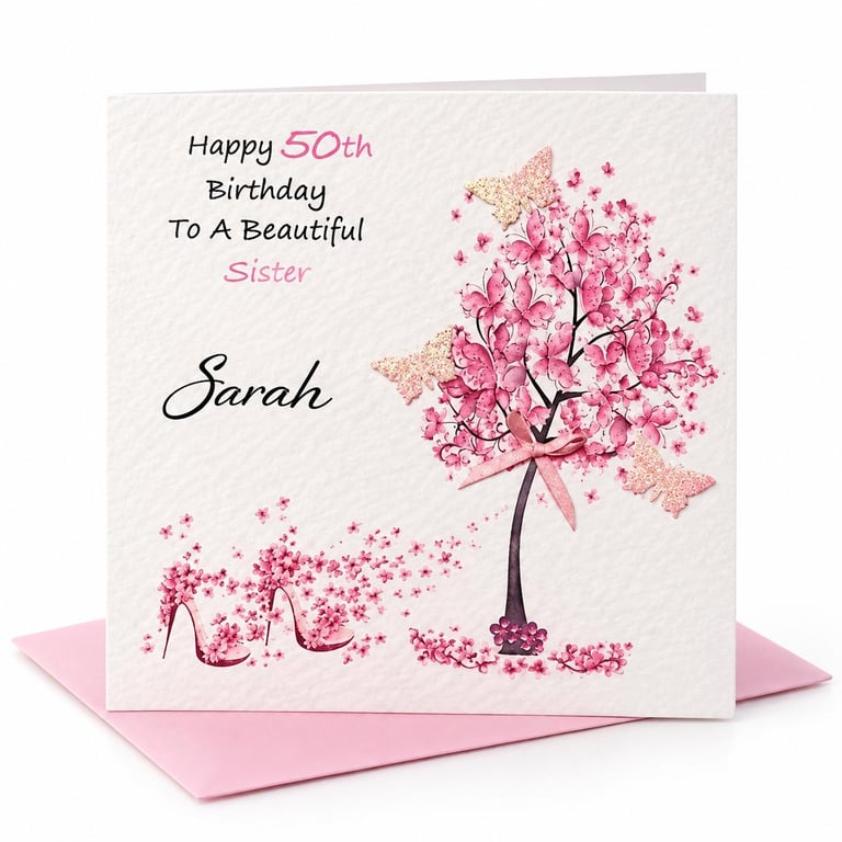 Personalised Birthday Card for Her - Pretty Pink Blossom Tree and Butterflies 
