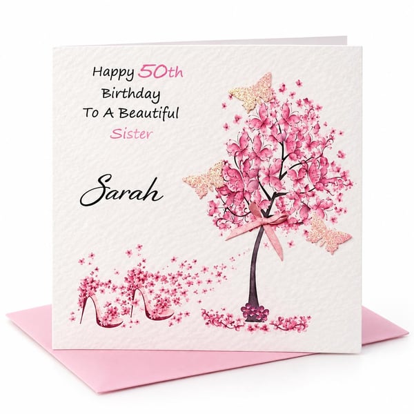 Personalised Birthday Card for Her - Pretty Pink Blossom Tree and Butterflies 