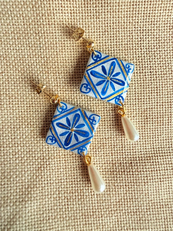 ELENI - Blue Mediterranean Tile Pearl Teardrop Earrings 
