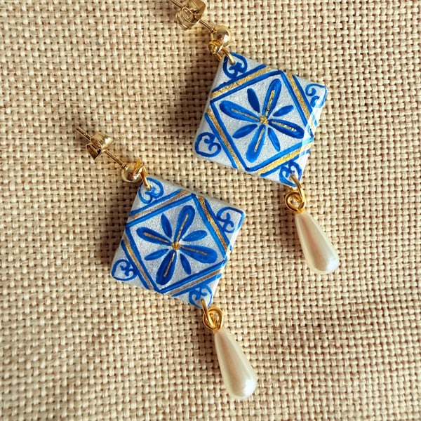 ELENI - Blue Mediterranean Tile Pearl Teardrop Earrings 