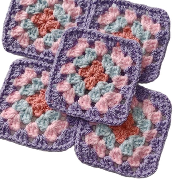 Handmade Crochet Granny Squares Lavender Sunset Glow, 3" Boho Motifs