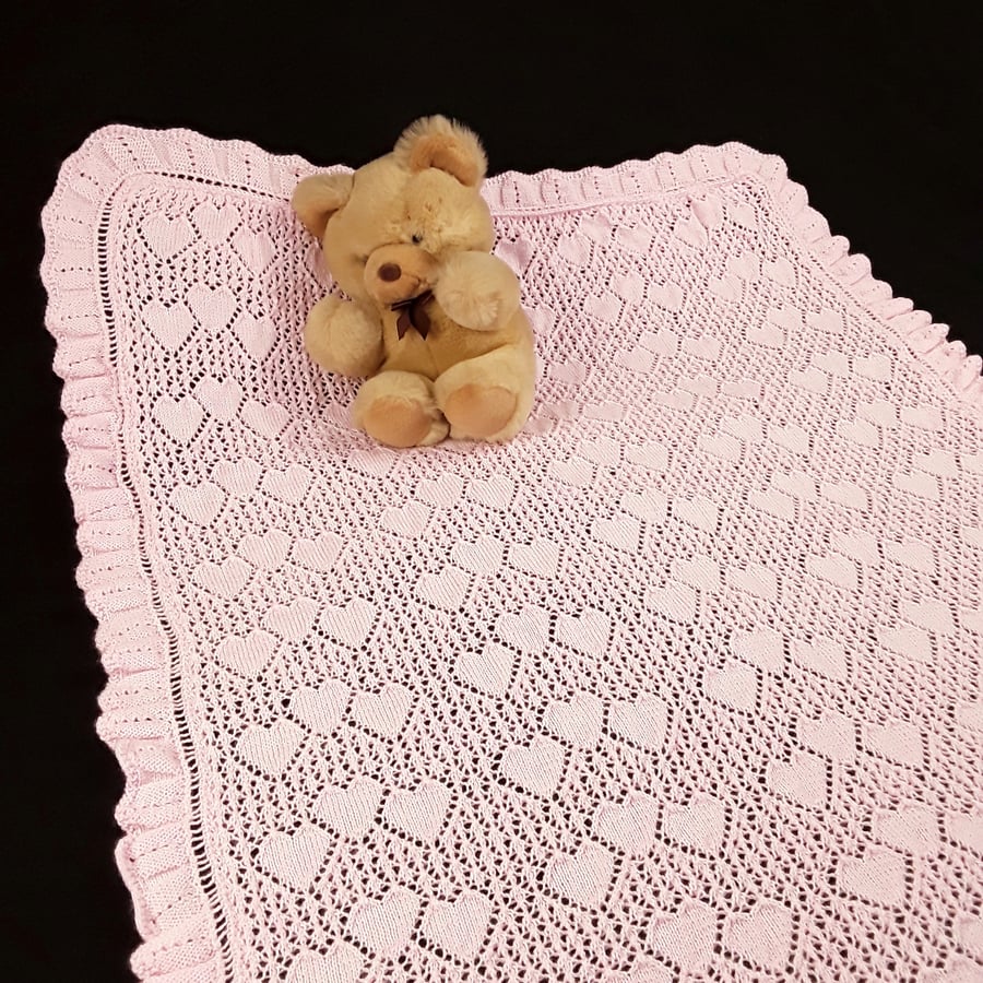 Hand knitted baby christening sweetheart shawl in baby pink lightweight yarn
