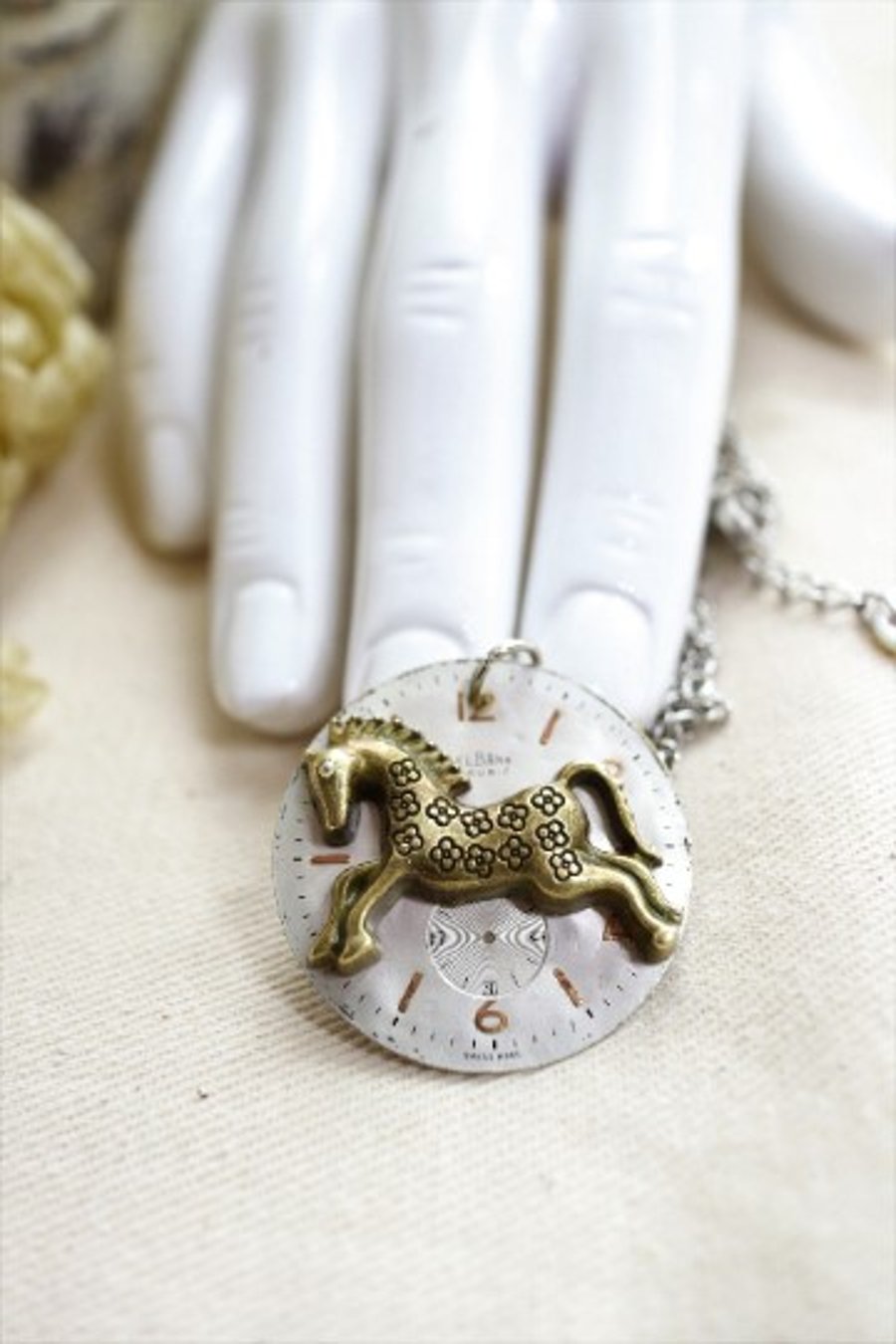 Upcycled steampunk theme - vintage watch dial - horse necklace - gift for her 