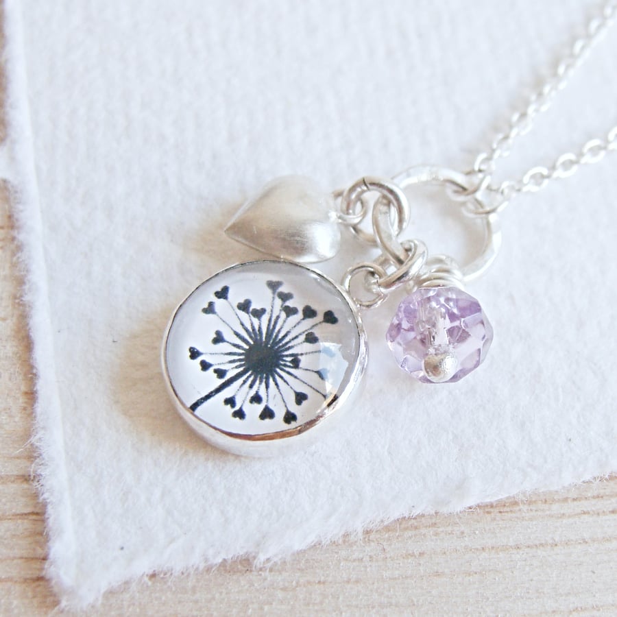 Amethyst, Dandelion and Heart Charm Sterling Silver Cluster Necklace