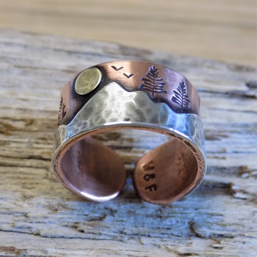 Copper and silver mixed metal alpine forest ring (sun) made to order