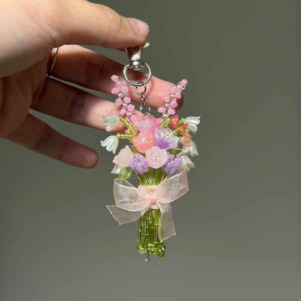 Handmade beaded flower bouquet keychain