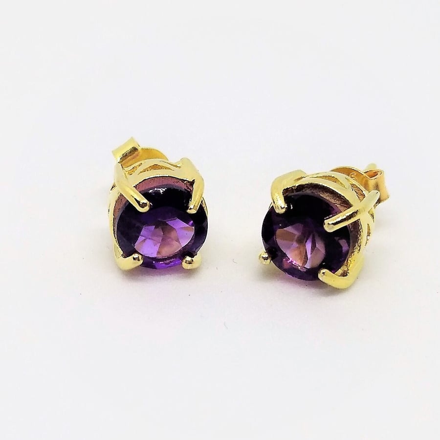 Brazillian Amethyst Faceted 6mm Round Gold Ear Studs