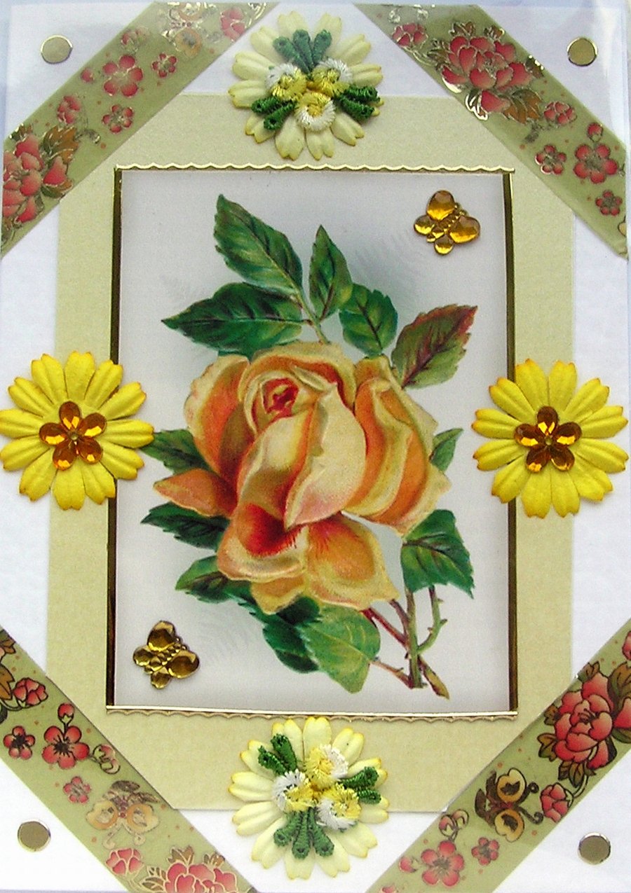 Yellow Rose Flower - Hand Crafted Decoupage Greeting Card - Blank 3022