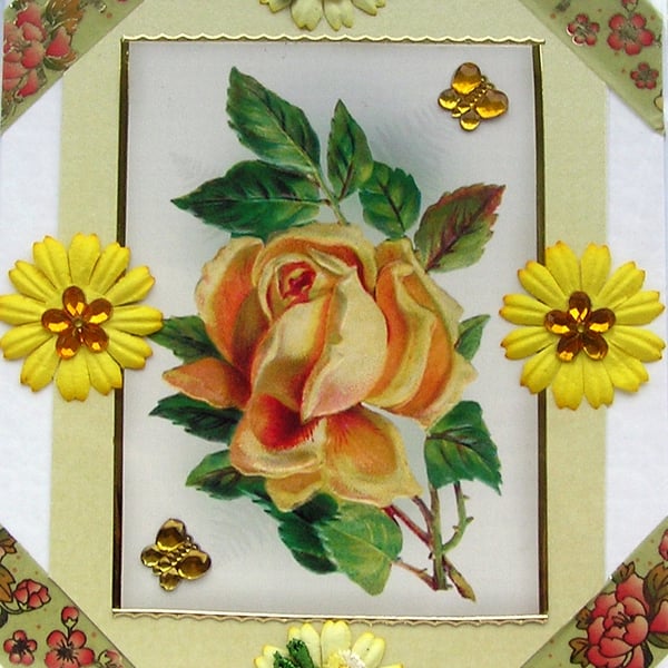 Yellow Rose Flower - Hand Crafted Decoupage Greeting Card - Blank 3022