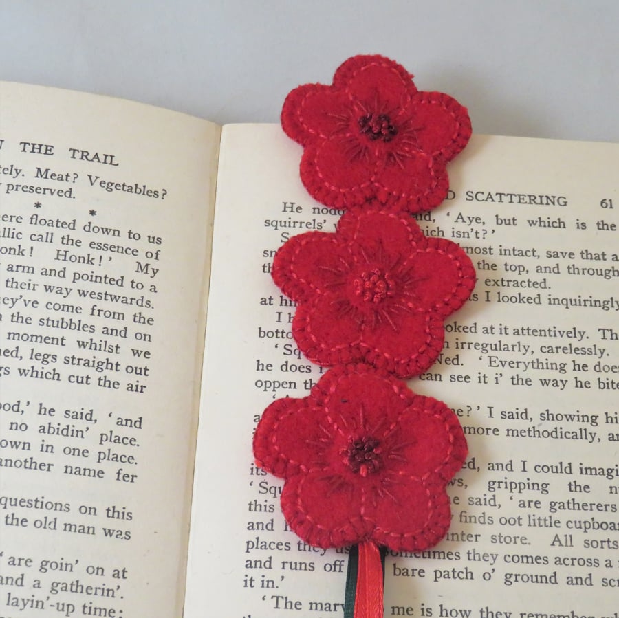 Red Flowers embroidered bookmark