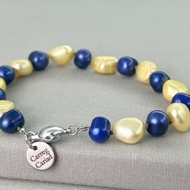 Blue and Yellow Hand Knotted Cultured Pearl Bracelet