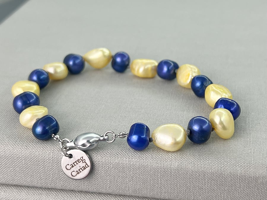 Blue and Yellow Hand Knotted Cultured Pearl Bracelet