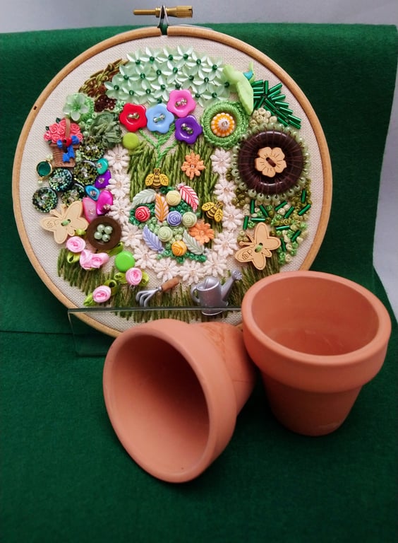 Hoop Art Gardening Theme Collage Mixed Media in Embroidery Hoop Various Colours