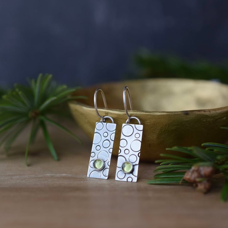 Rectangular Silver Earrings with Peridot Stones