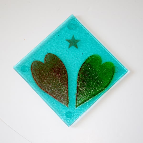 Red Hearts on Turquoise Coaster - 9157
