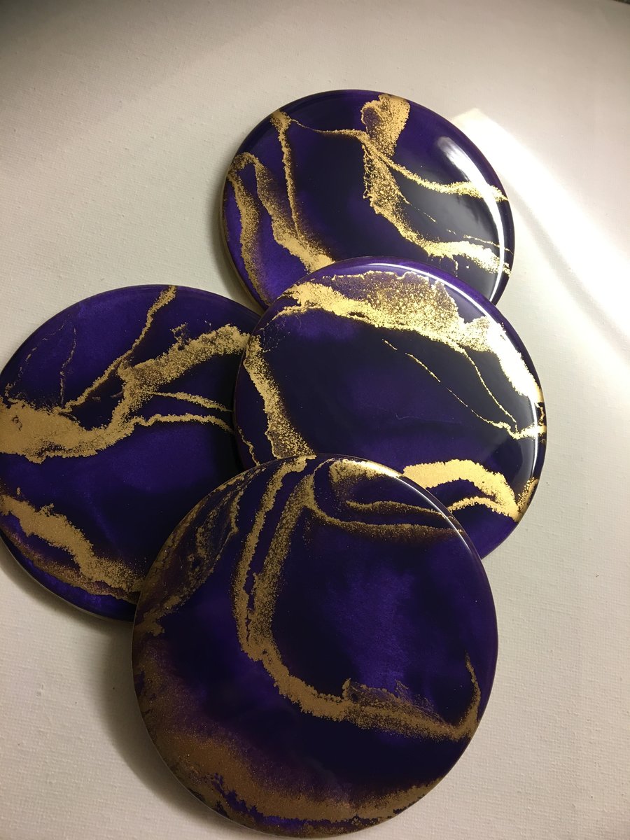 SALE. Purple  ,gold, lightweight, round coasters, heat, scratch resistant resin 