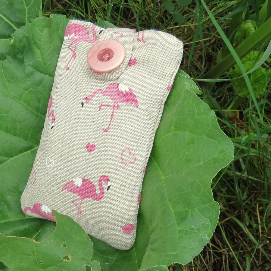 Flamingos.  A mobile phone sleeve.  Made from a tropical cotton canvas.