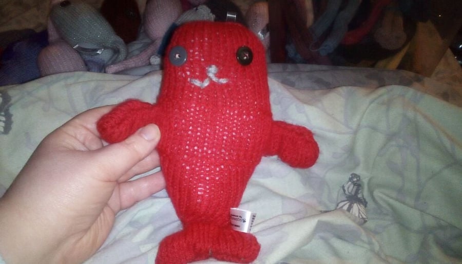 Red Hairless Midi Mermaid with Slate Dark Eyes Knitted By KM