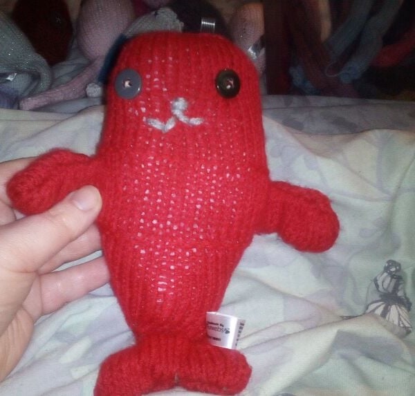 Red Hairless Midi Mermaid with Slate Dark Eyes Knitted By KM