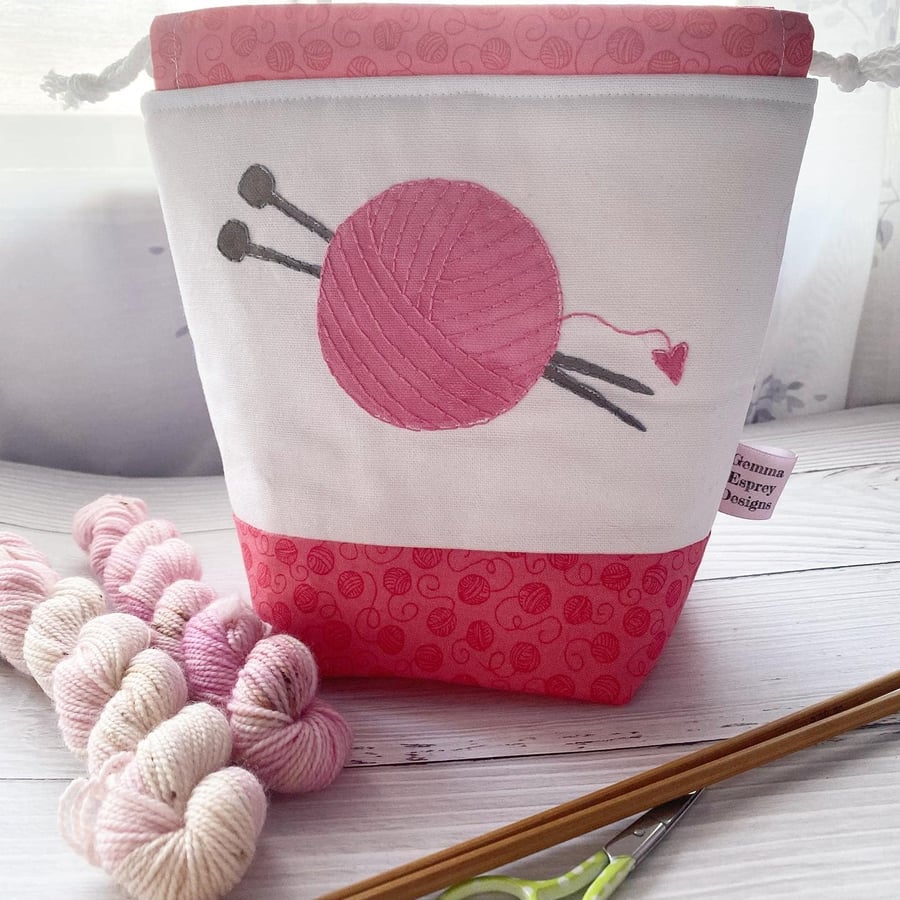 'Knitting Needles and Yarn' Project Bag with Hand Embroidery