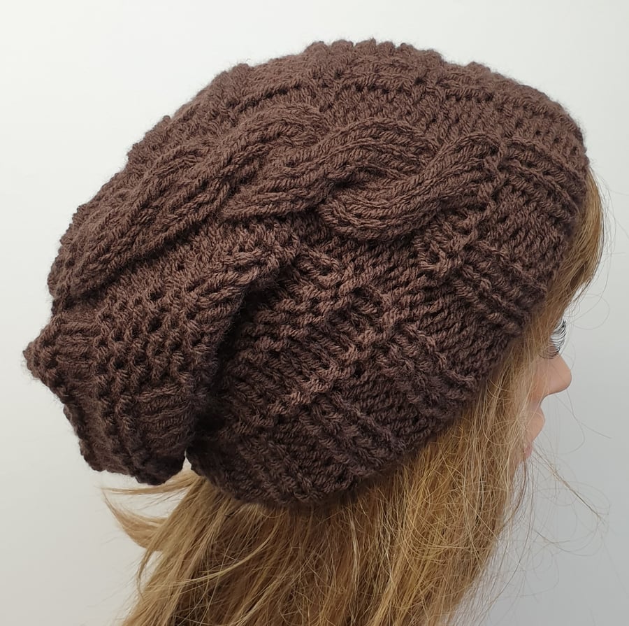 Chocolate brown hand knitted women slouchy hat.