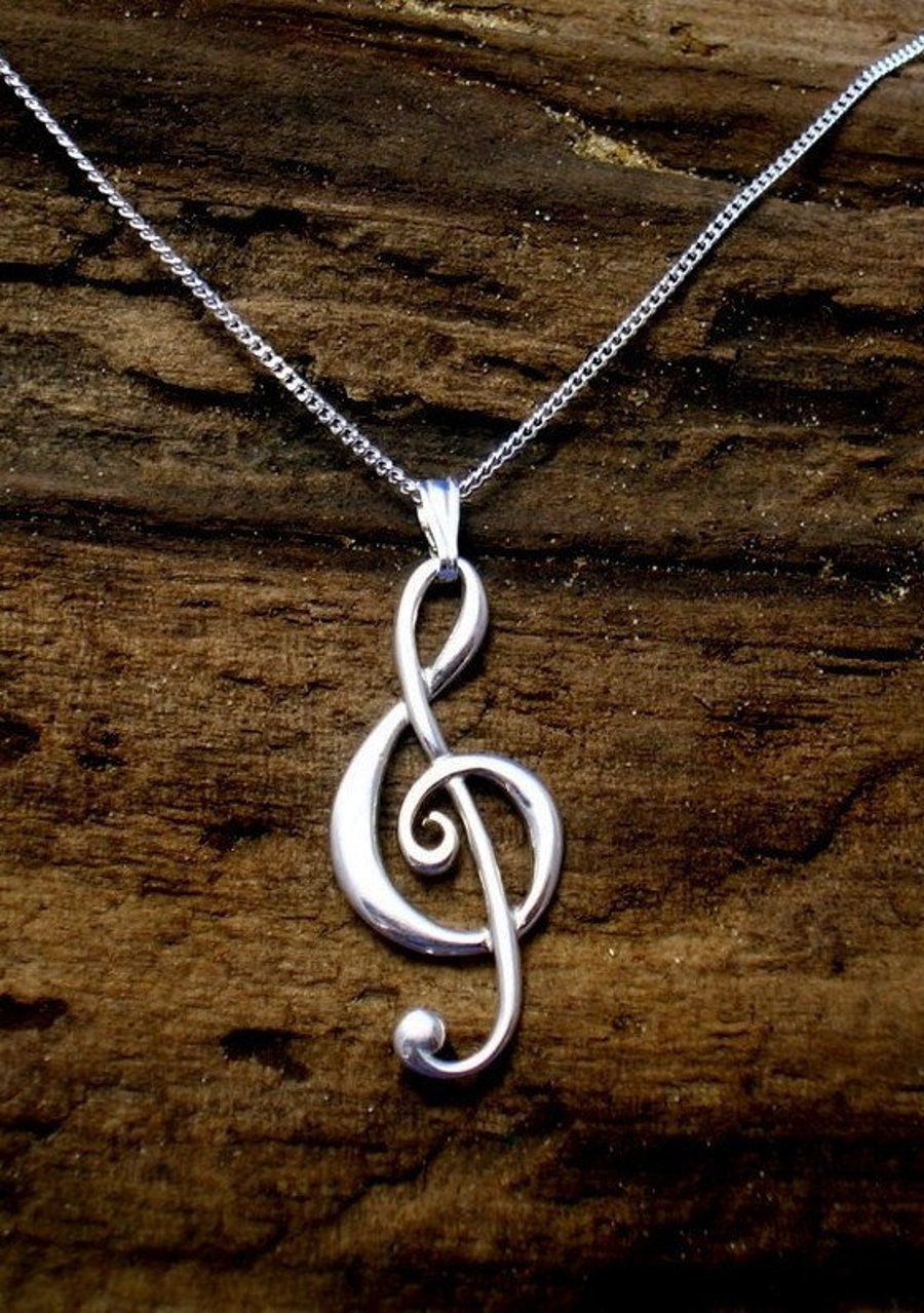 Silver Treble Clef Necklace, Treble Clef Pendant, Music necklace.
