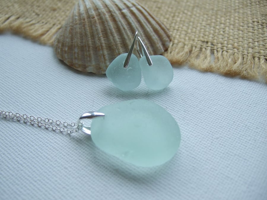 Scottish sea glass jewelry set, necklace and earrings beach glass set, sea foam 