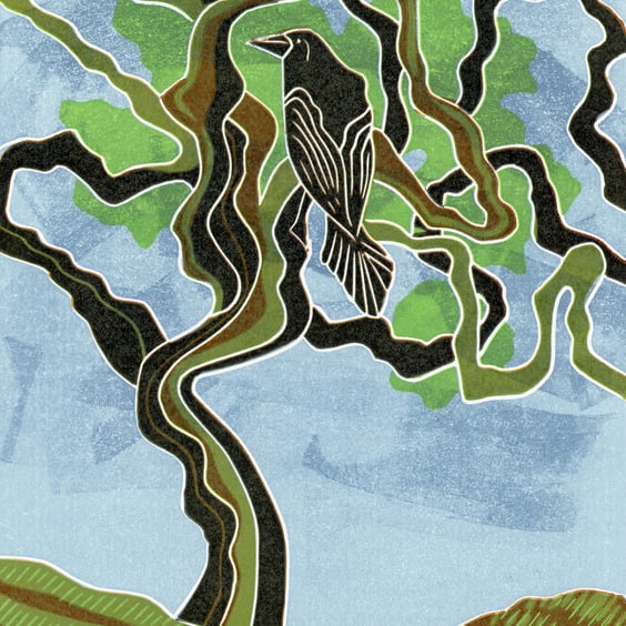 Crow watches from a tree, original lino print.