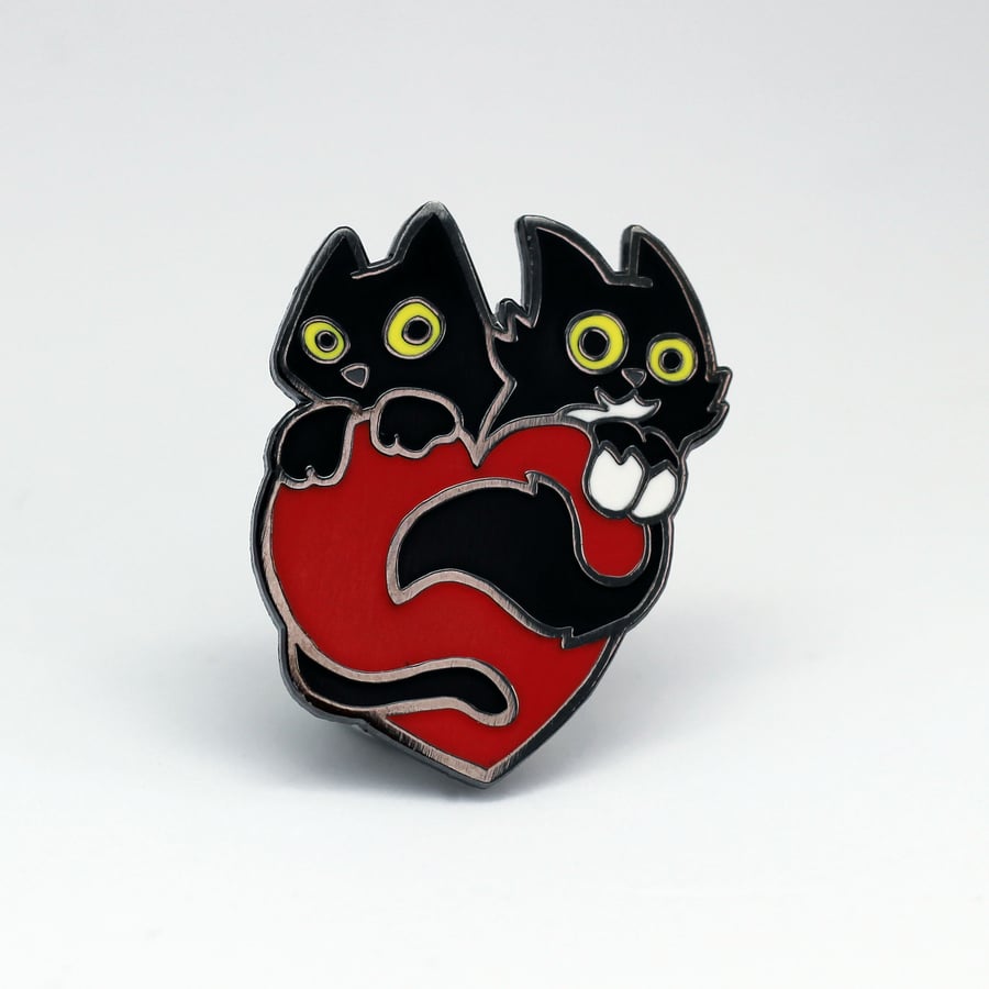 Black cats with red loveheart hard enamel pin, Hard enamel pin with black cats