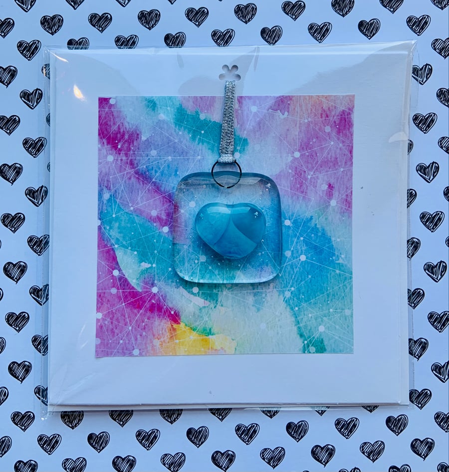 Greetings card with Fused Glass Heart Keepsake Decoration.