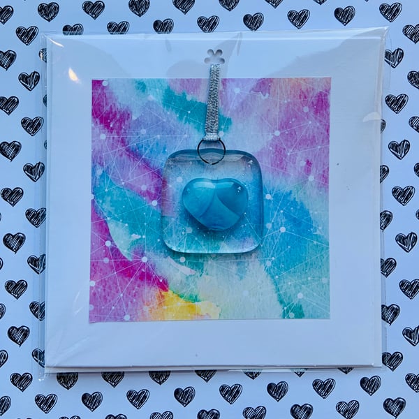 Greetings card with Fused Glass Heart Keepsake Decoration.