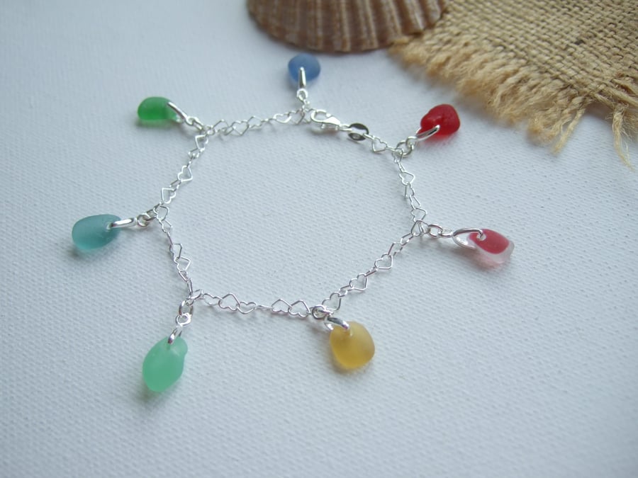 Sea Glass Rainbow Bracelet 7" Sterling Silver, Beach Found Glass, Seaham