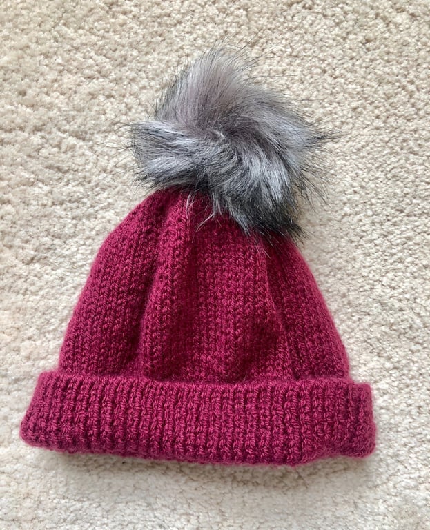 Hand Knitted Hat in plum colour (DK) -Medium