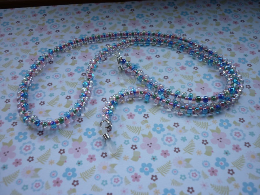 LANYARD, SPECTACLE, GLASSES AND SUNGLASSES CHAIN - PASTEL AND SILVER GLASS BEADS