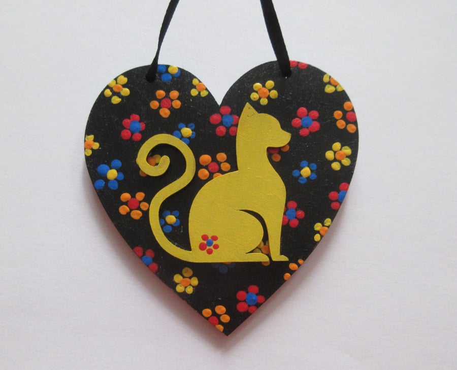 Cat Hanging Heart Decoration Hand Painted Ditsy Flowers