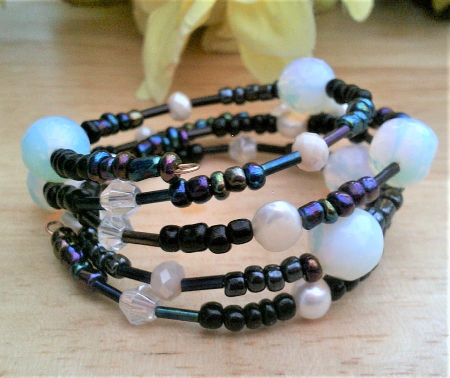 White Freshwater Pearl & Opalite Bracelet, Black Seed Beaded Bracelet          