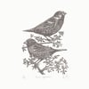 House Sparrows linocut print