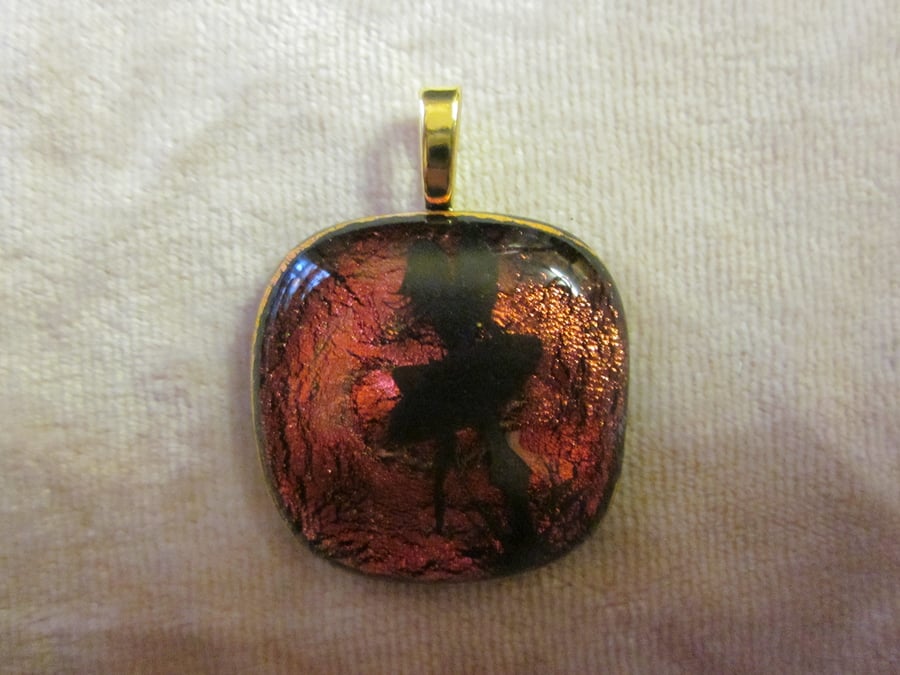 Handmade dichroic glass cabochon pendant - Lava with black enamel fairy