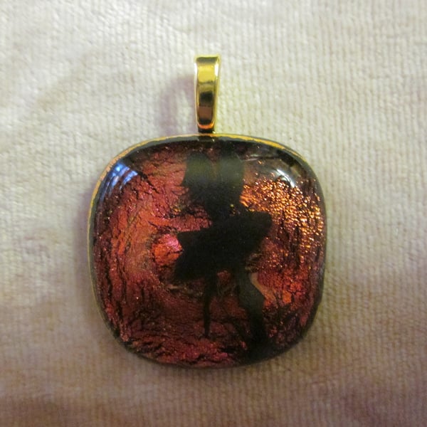 Handmade dichroic glass cabochon pendant - Lava with black enamel fairy