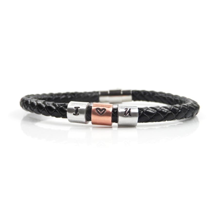 I Love You Leather Bracelet with Hand Stamped Rings - Free Delivery