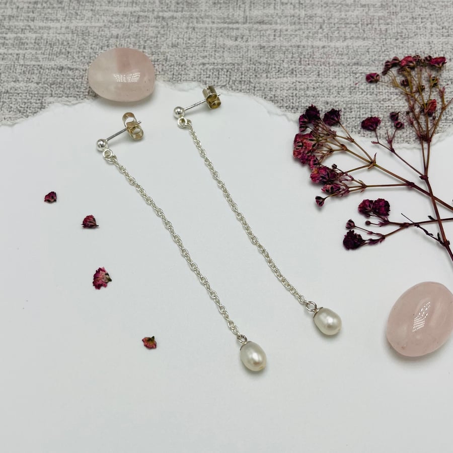 Rice Pearl Long Drop Earrings - Handmade, Sterling Silver 